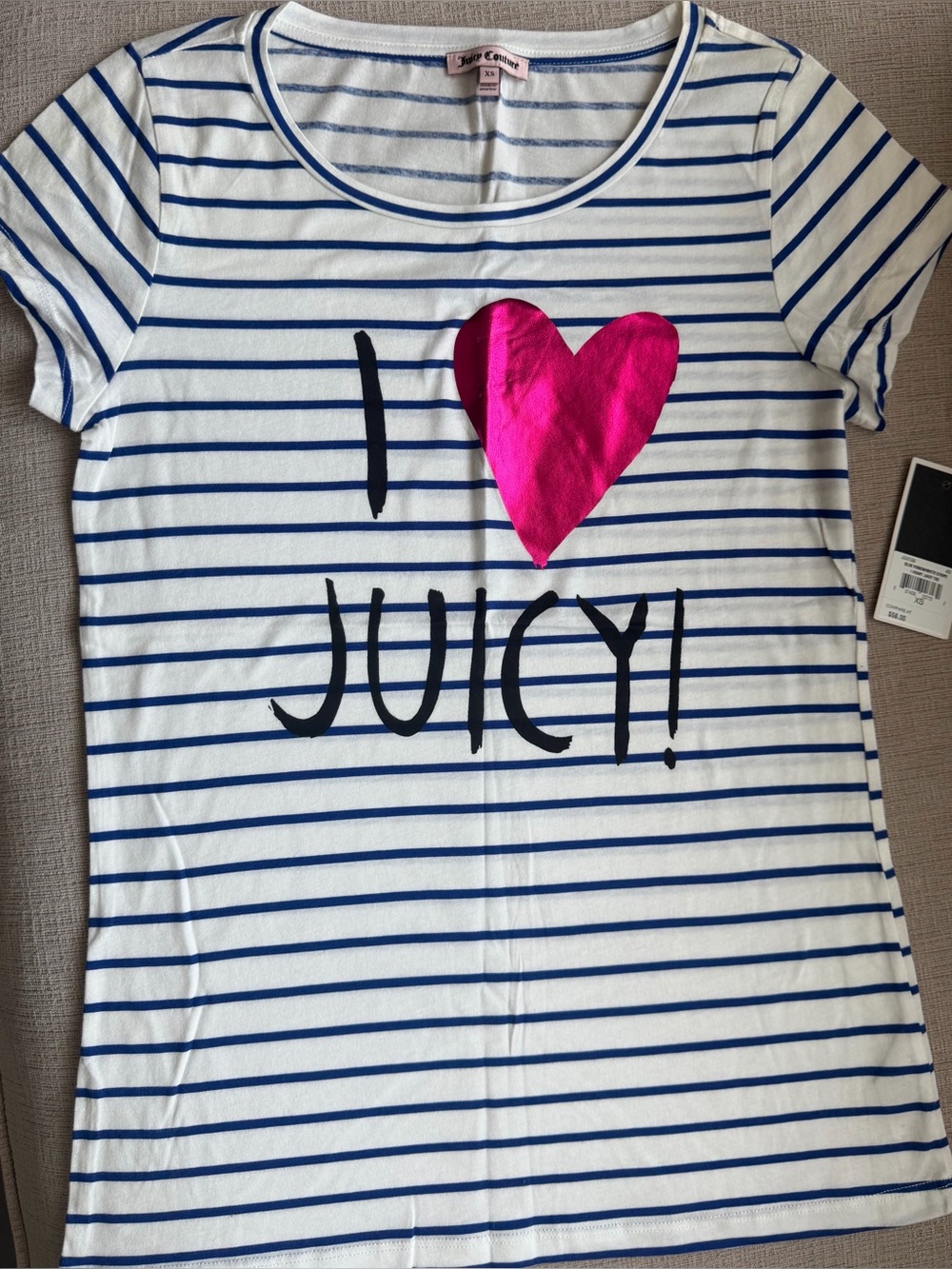 NWT Juicy Couture White & Blue Striped Tee with Pink Heart Graphic